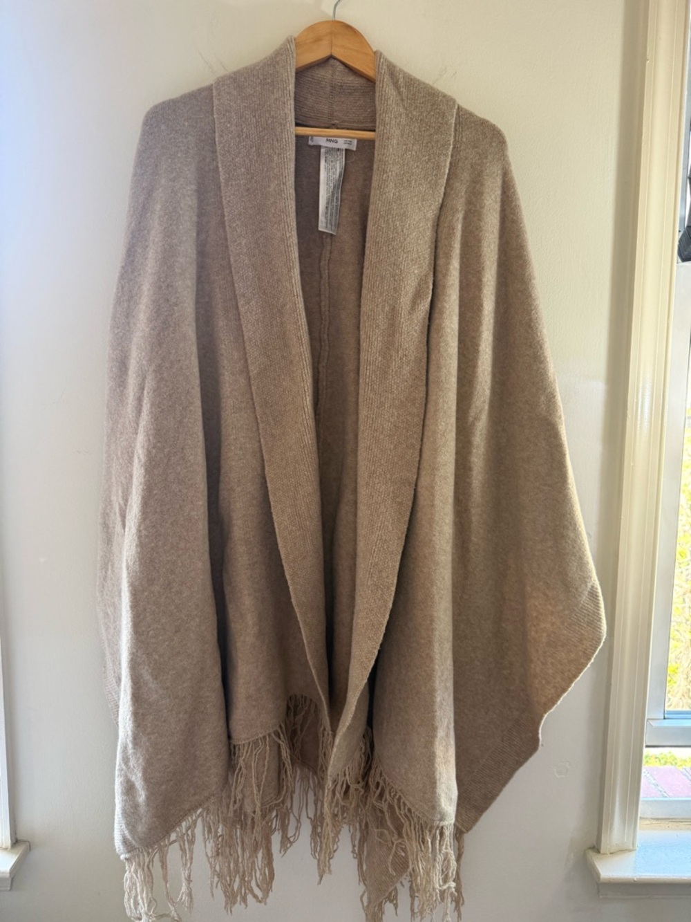 Mango Taupe Fringe Open Front Poncho
